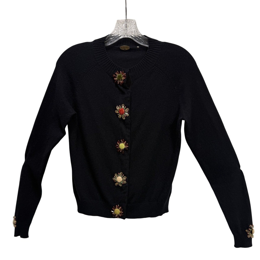 One Girl Who Cardigan Women S Black Cotton Cashmere Beaded Floral Jewel EUC MAX